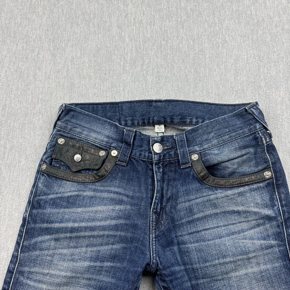 True Religion Jeans Mens 30x26 Blue Denim Skinny Flap Pocket Leather Trim Cotton